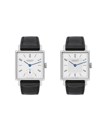 NOMOS Tetra 27 white 0402 與 Tetra 27 duo 0410 方形手上鍊腕錶並列