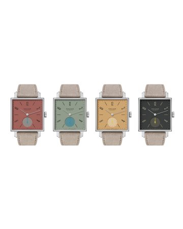 NOMOS Tetra Origins 四款方形腕錶，Ochra、Terra、Salvia 與 Basalt 大地色面盤