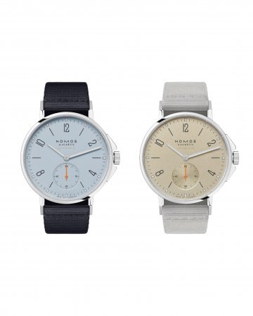 NOMOS Ahoi neomatik sky 天空藍與 sand 沙金色錶盤雙錶官方構圖