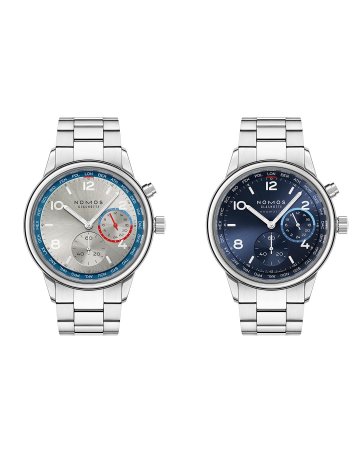 NOMOS Club Sport neomatik Worldtimer 藍面與銀面世界時區腕錶並列