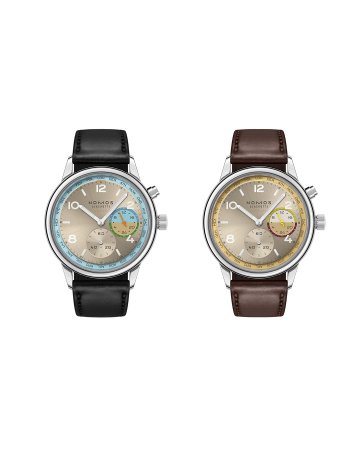 NOMOS Club Sport neomatik Worldtimer Roam 與 Reverie 香檳金錶盤限量腕錶並列