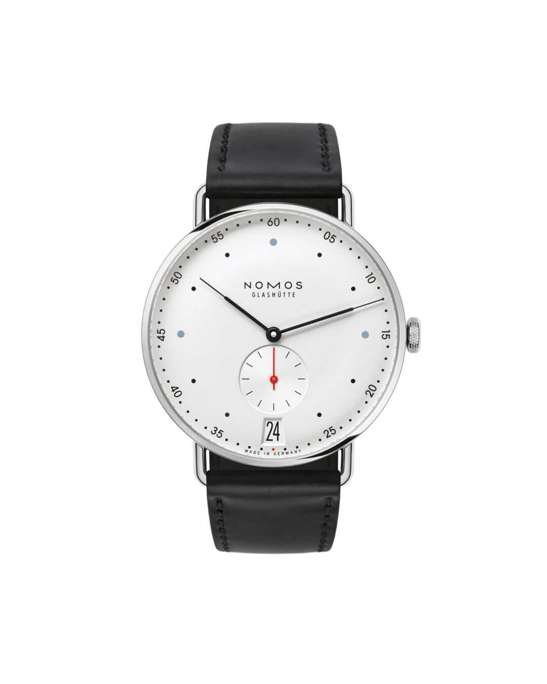 NOMOS Metro 38 date 正面腕錶，白色鍍銀面盤搭配黑色皮革錶帶