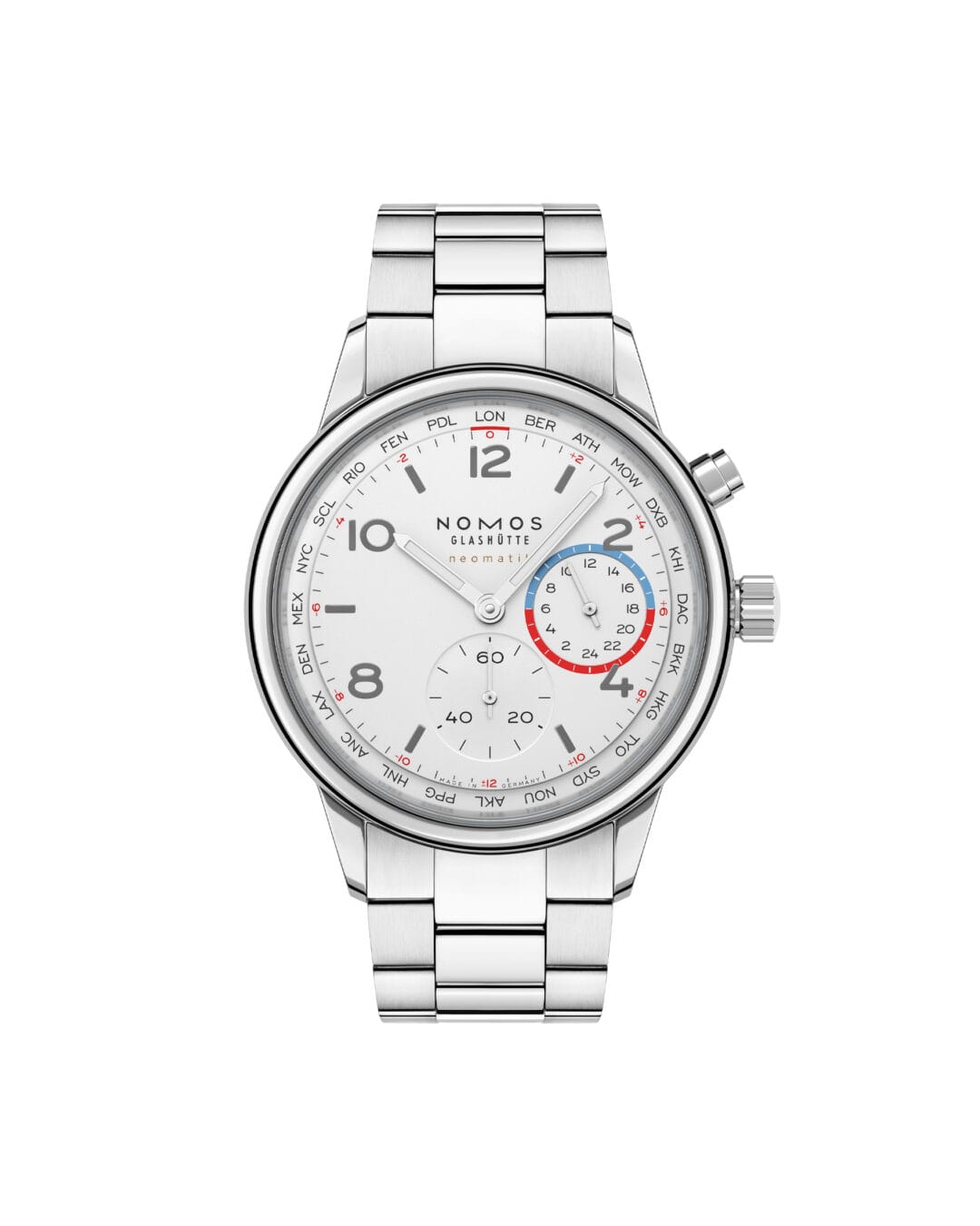NOMOS Club Sport neomatik Worldtimer 0792 白色鍍銀錶盤正面產品照