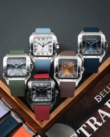 Santos de Cartier 腕錶搭配 Delugs D-Lock CTS Sailcloth 紋理橡膠錶帶，展示綠、淺藍、深藍、棕與紅色